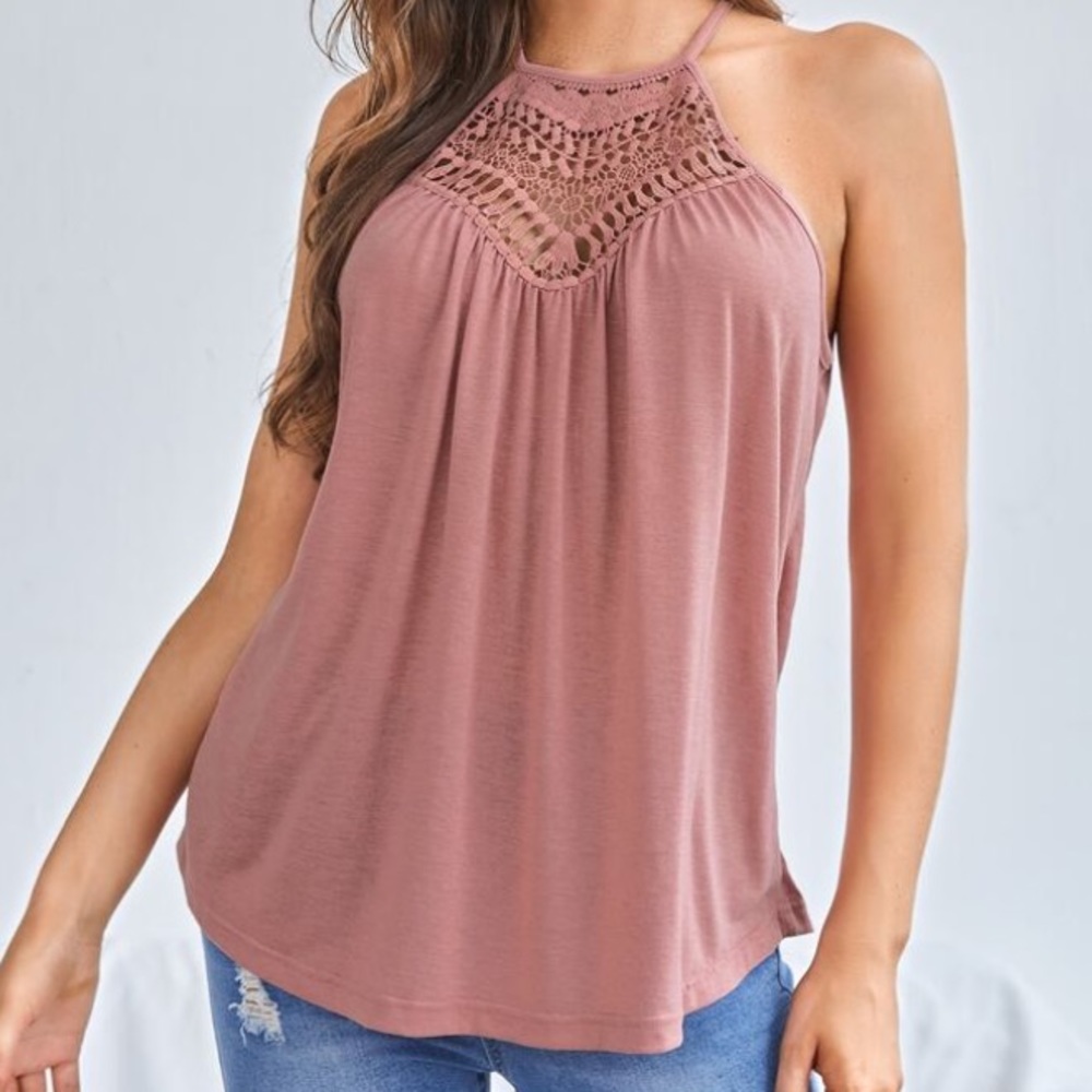 Boho Pink Cutout Detail Tie Back Halter Tank Top